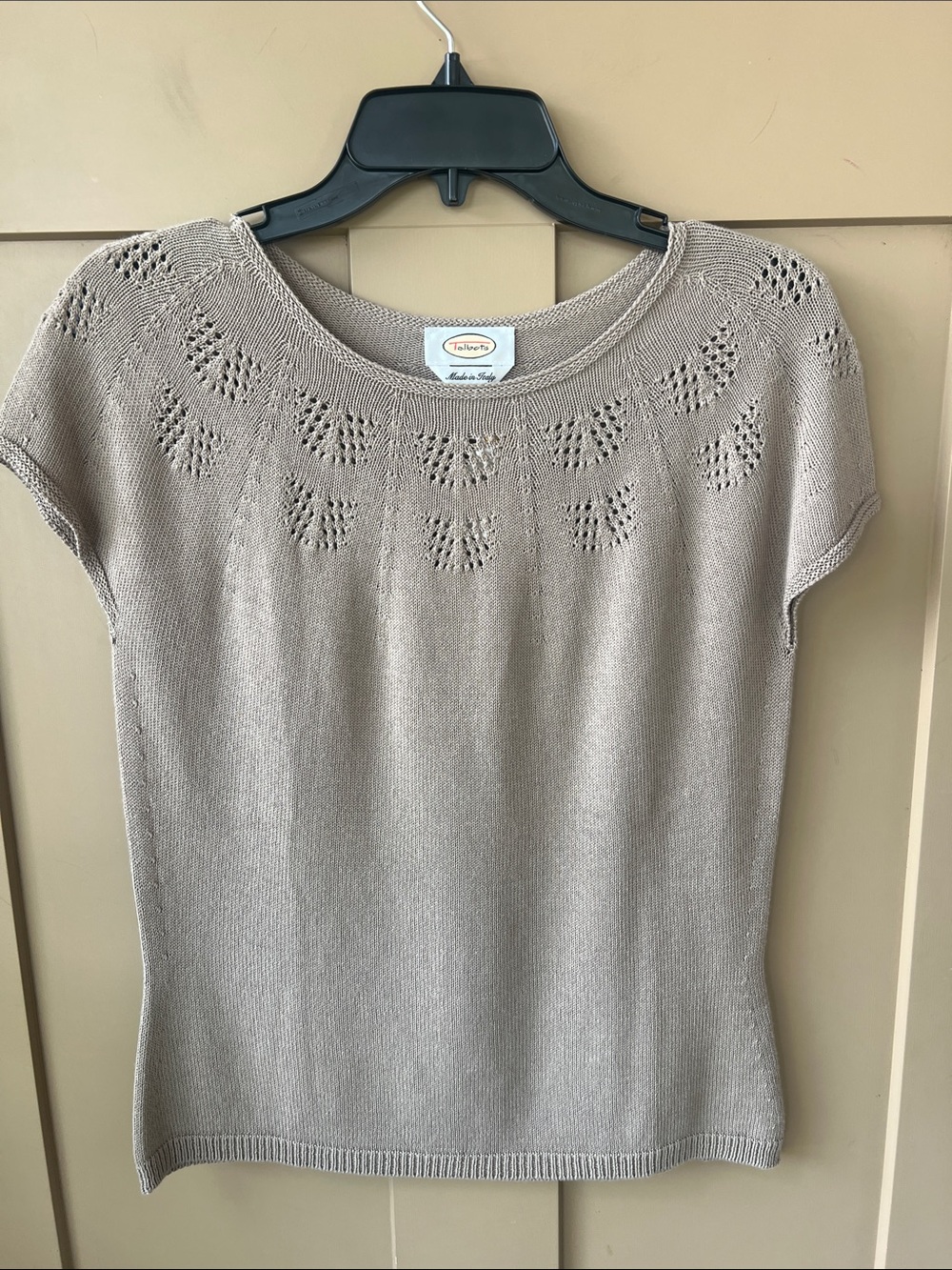 Talbots Vintage Sz S New w Tag Taupe Short Sleeve Sweater Top Crocheted Italy